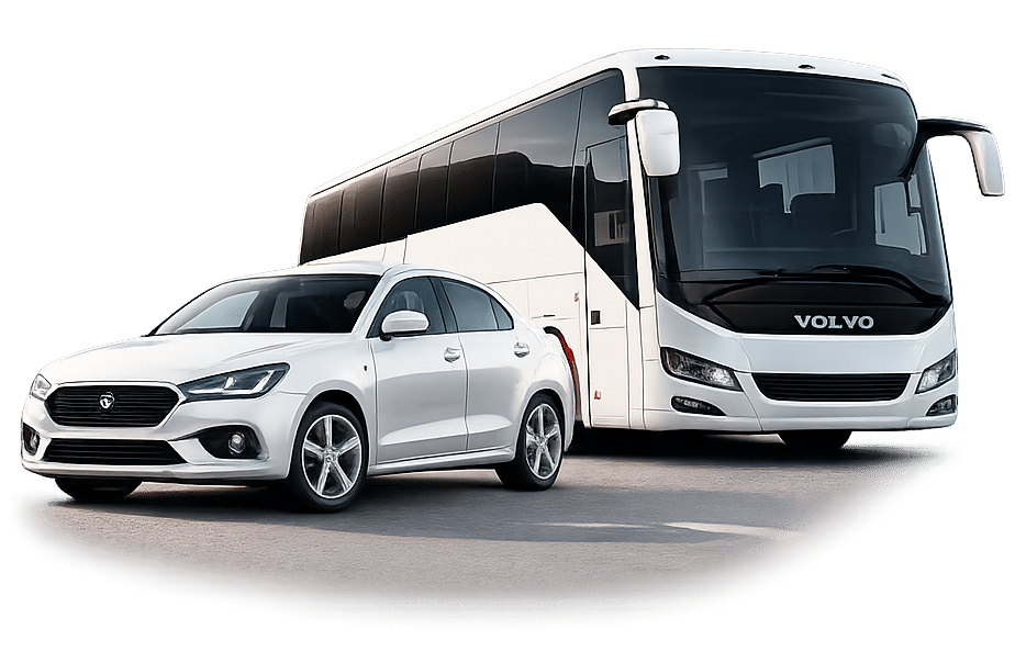 Compact sedan and Volvo coach bus