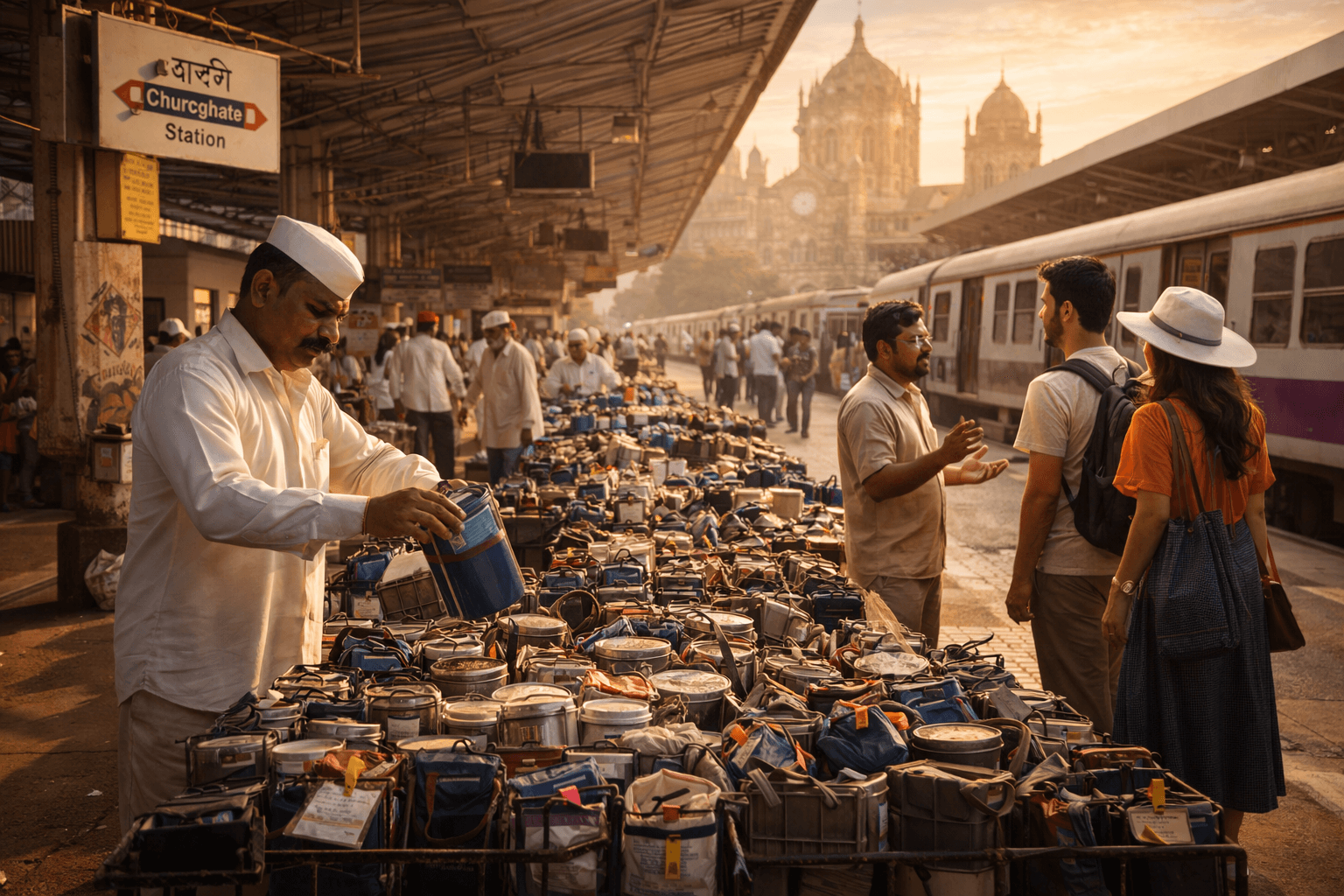 Mumbai Dabbawala sorting lunchboxes at Churchgate Station during live experience tour